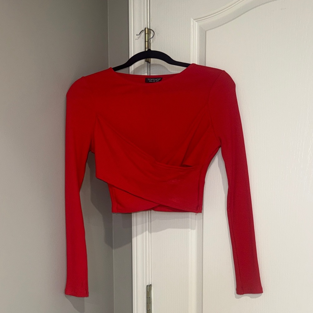 Topshop Red Long Sleeve Wrap Waist Top